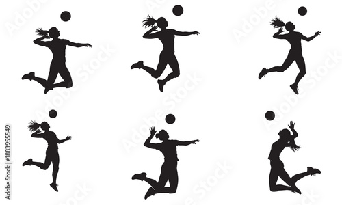 Silhouettes of female volleyball players in action, jumping and hitting the ball.
