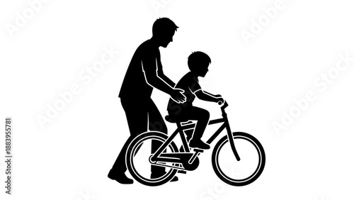 Father teaching son to ride a bicycle together outdoors.