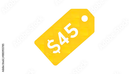 A yellow price tag with a dollar sign and the number 45 on it, on transparent background