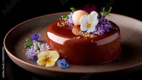 Elegant Dessert: Chocolate Mirror Glaze Cake Adorned with Edible Flowers on a Plate
