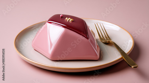 Elegant Dessert Presentation: Geometric Cake with Glossy Glaze on a Ceramic Plate