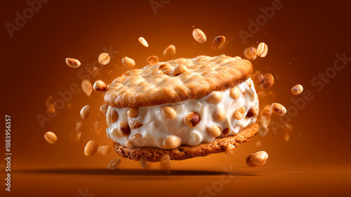 Delicious Cookie Sandwich with Cream Filling and Nuts on a Warm Brown Background