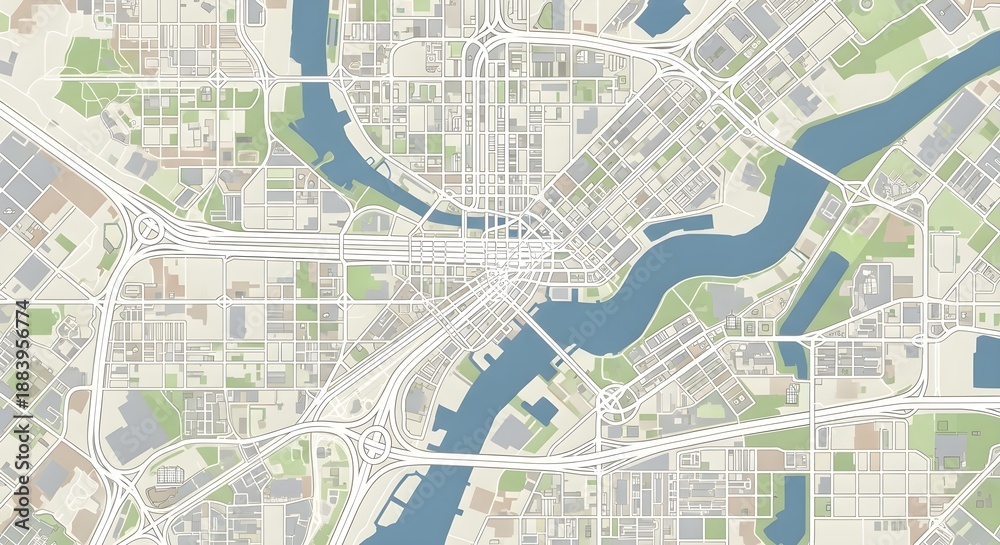 Fototapeta premium Aerial View of a City with a Winding River and Bridges.