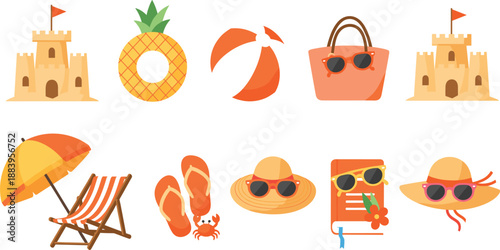 Summer Beach Vacation Icons Illustration Set With Sandcastle Sunglasses Hats And Tropical Accessories