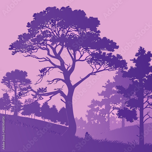 Purple dusk sky over forest silhouettes, trendy vector art.