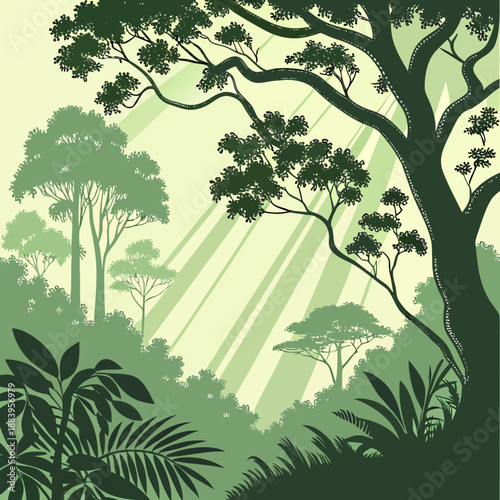 Rainforest canopy with sunbeams, layered vector concept.