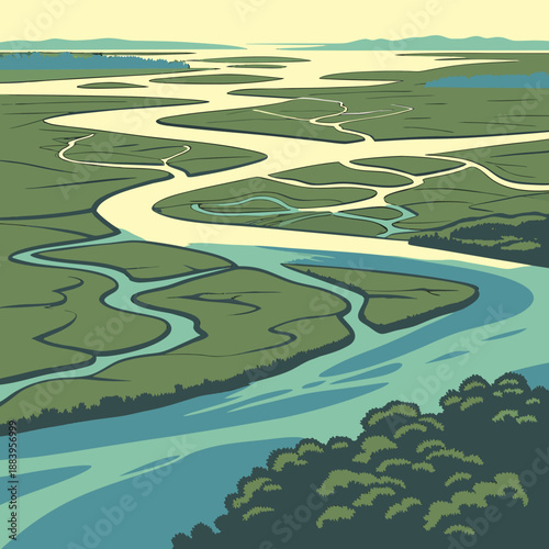 River delta aerial view, abstract vector shapes and patterns.