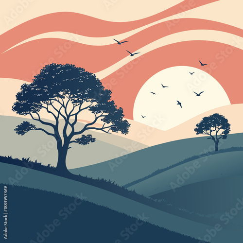 Sunrise Behind Hills with Layered Sky Gradients