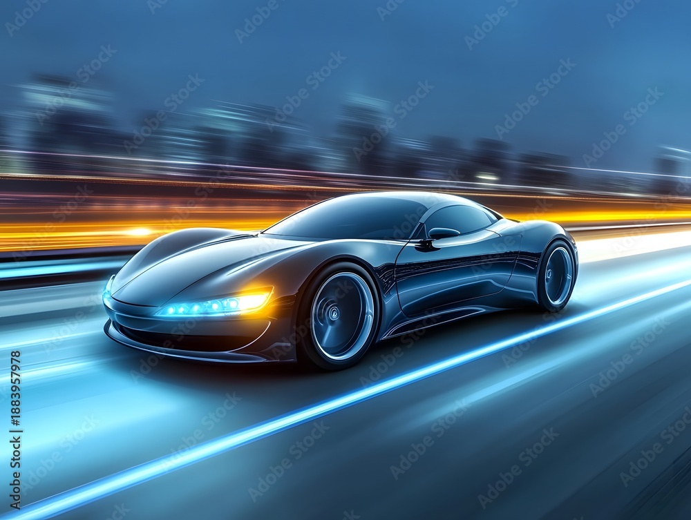 Obraz premium Modern sports car speeding through futuristic cityscape