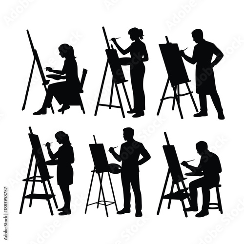 A collection of silhouettes artists in various painting poses.