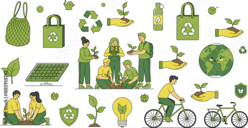 Eco Friendly Sustainability Illustration Set With Recycling Renewable Energy Tree Planting And Green Lifestyle Actions