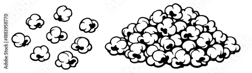 Hand drawn line art popcorn set featuring scattered kernels and a pile for movie night snacks