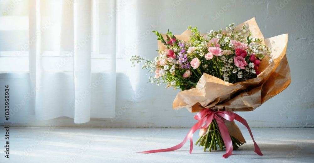 Fototapeta premium Floral bouquet rests near window. Soft light illuminates delicate pink, purple blooms wrapped in paper. Ribbon accents complete presentation.