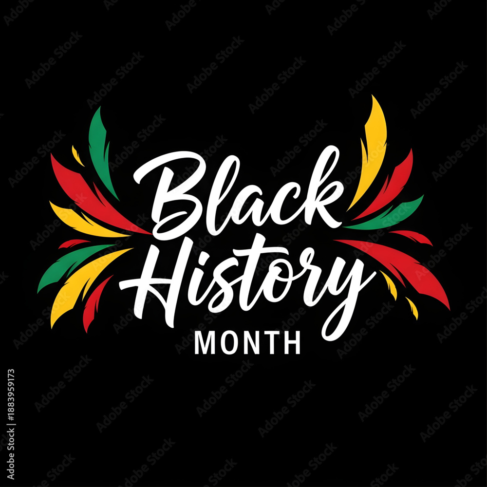 Obraz premium A colorful Black History Month logo with a black background and vibrant feathers