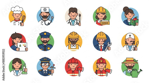 Collection of diverse professional occupation avatars in circular frames.