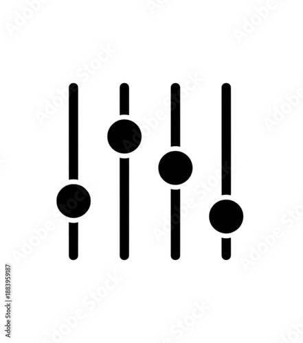 A minimalist black silhouette vector image of four vertical adjustment sliders, symbolizing system configuration, audio mixing levels, and digital parameter control