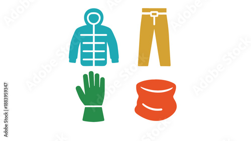 A set of colorful off-piste ski gear icons on a white background