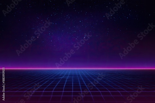 Digitized, starry backdrop with a grid floor, in shades of purple and blue