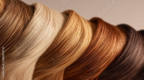 professional hair color palette display with neatly arranged dyed hair swatches, luxury hair dye samples showing various shades from blonde to brunette, hair salon colorist guide and beauty concept