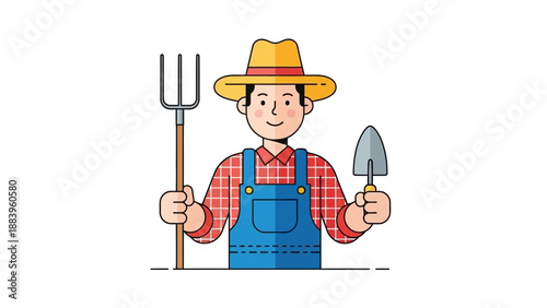 Cartoon farmer holding pitchfork and trowel in colorful illustration