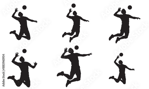 Volleyball player silhouette set, jumping and spiking the ball, action poses