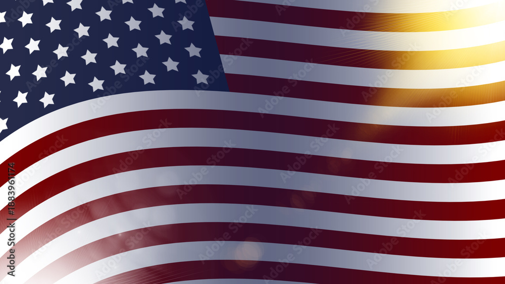 Fototapeta premium Waving American flag with red, white, and blue colors and star patterns in daylight