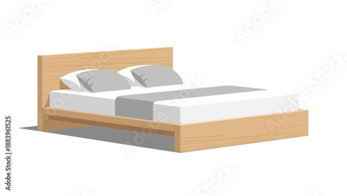 Minimalist wooden bed with white and gray bedding on white background