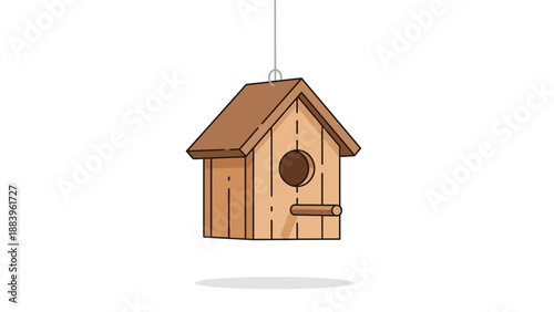 Wooden birdhouse hanging on white background with shadow