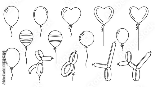 Set of Black and White Balloon Illustrations in Various Shapes