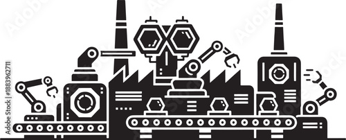 Black and white sketched factory with robotic arms and conveyor belt industrial manufacturing