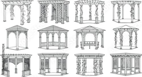 Garden Pergola and Gazebo Line Art Collection Featuring Classic Outdoor Pavilion Structures with Arches Columns and Decorative Architectural Details