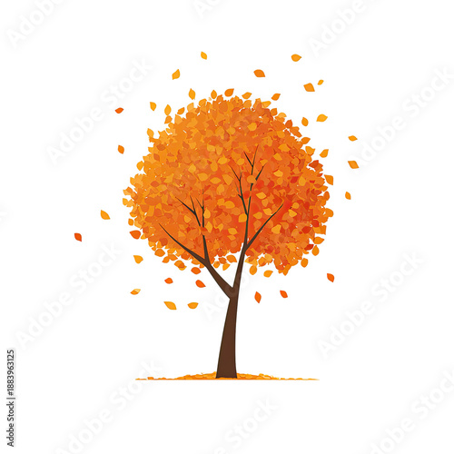 A stylized tree with a round orange crown and falling leaves against a black background
