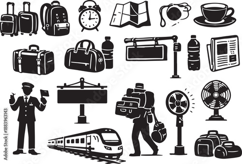 Travel and Journey Vector Elements with Luggage, Backpack, Station Master, and Waiting