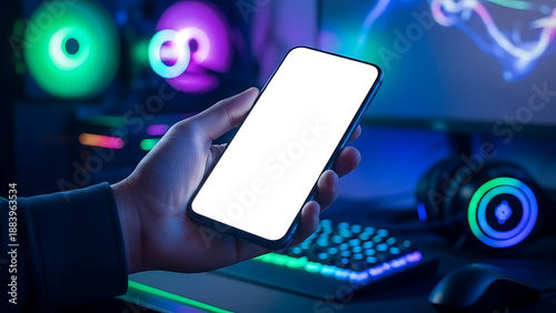 Young Gamer Holding Smartphone in Gaming Setup with Rgb Lighting