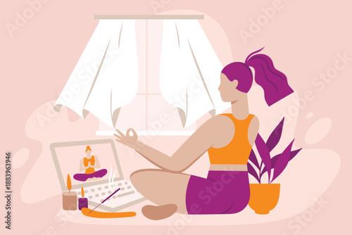 Online Yoga and Meditation Class at Home Illustration
Woman Practicing Yoga at Home with Online Instructor Illustration

Home Yoga Meditation Lifestyle with Laptop Illustration
