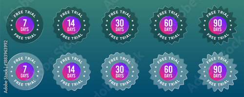 Free with trial badges set liquid glass vector. Demo test. Free offer