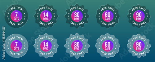 Free with trial badges set liquid glass vector. Demo test. Free offer