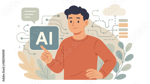 A cartoon man interacting with an AI interface in a digital environment
