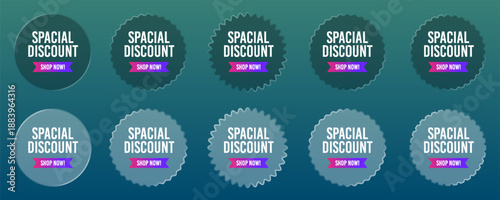 Discount sale shop now badges pop-up with liquid glass style