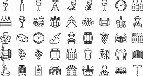 Wine and winery icon set, vineyard, bottles, glasses, tasting, barrels and sommelier symbols, elegant outline vector collection for wine industry