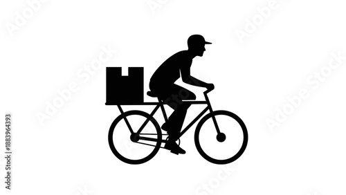Silhouette of a delivery man riding a bicycle with a package.