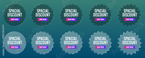 Discount sale shop now badges pop-up with liquid glass style