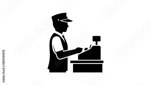 Male store clerk processing a transaction at the cash register.
