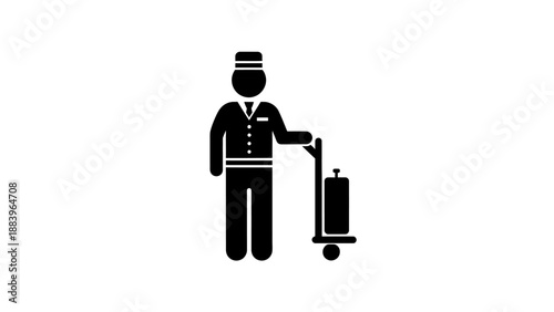 Simple black icon of a bellhop with a luggage cart.