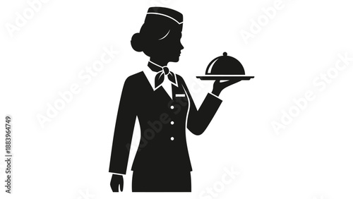 Waitress holding covered serving dish.