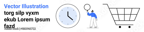 Wall clock, person holding balloon, and shopping cart highlight time management, relaxation, and commerce. Ideal for retail, time scheduling, productivity, leisure shopping modern lifestyle simple