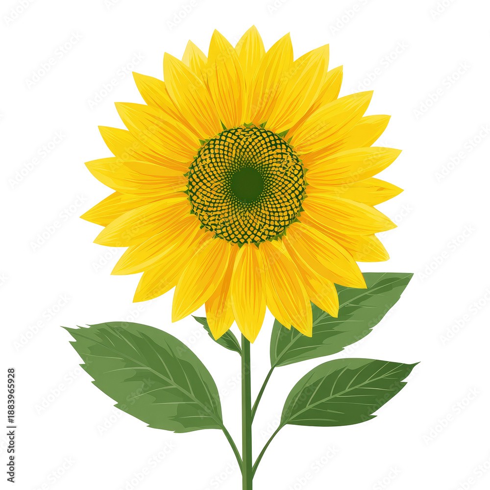 Naklejka premium A vibrant, detailed illustration of a single sunflower, bright yellow petals, green stem and leaves