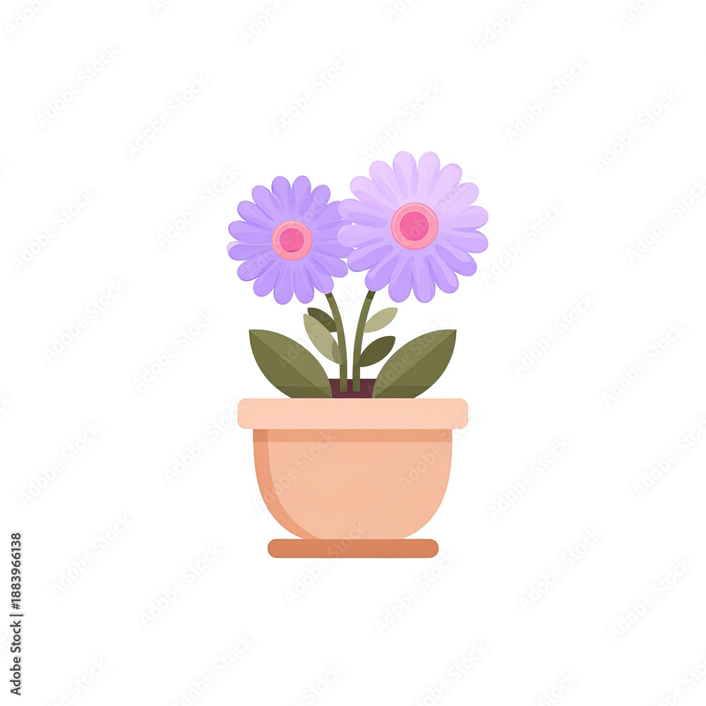Fototapeta premium A cartoon-style illustration of two purple flowers in a terracotta pot