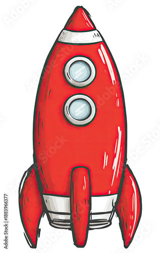 A cartoon rocket ship, red with two windows, a white stripe and fin-like structures