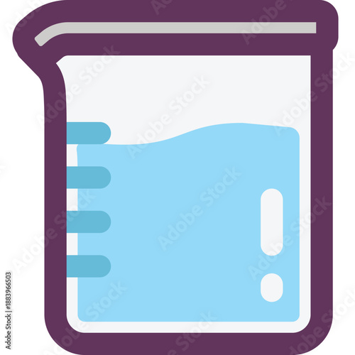 Transparent beaker filled with blue liquid icon for chemistry experiments, solution mixing, laboratory glassware posters and classroom STEM activities

